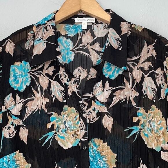 Fashion Bug Size XL Pleated Crinkle Semi Sheer Top Y2K Dark Floral Romantic Goth - Picture 3 of 10